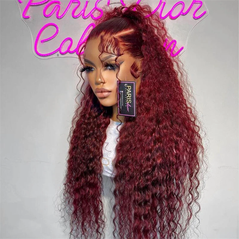 Soft 26Inch Long 180Density Burgundy Kinky Curly Deep Lace Front Wig For Women Babyhair Glueless Preplucked Daily