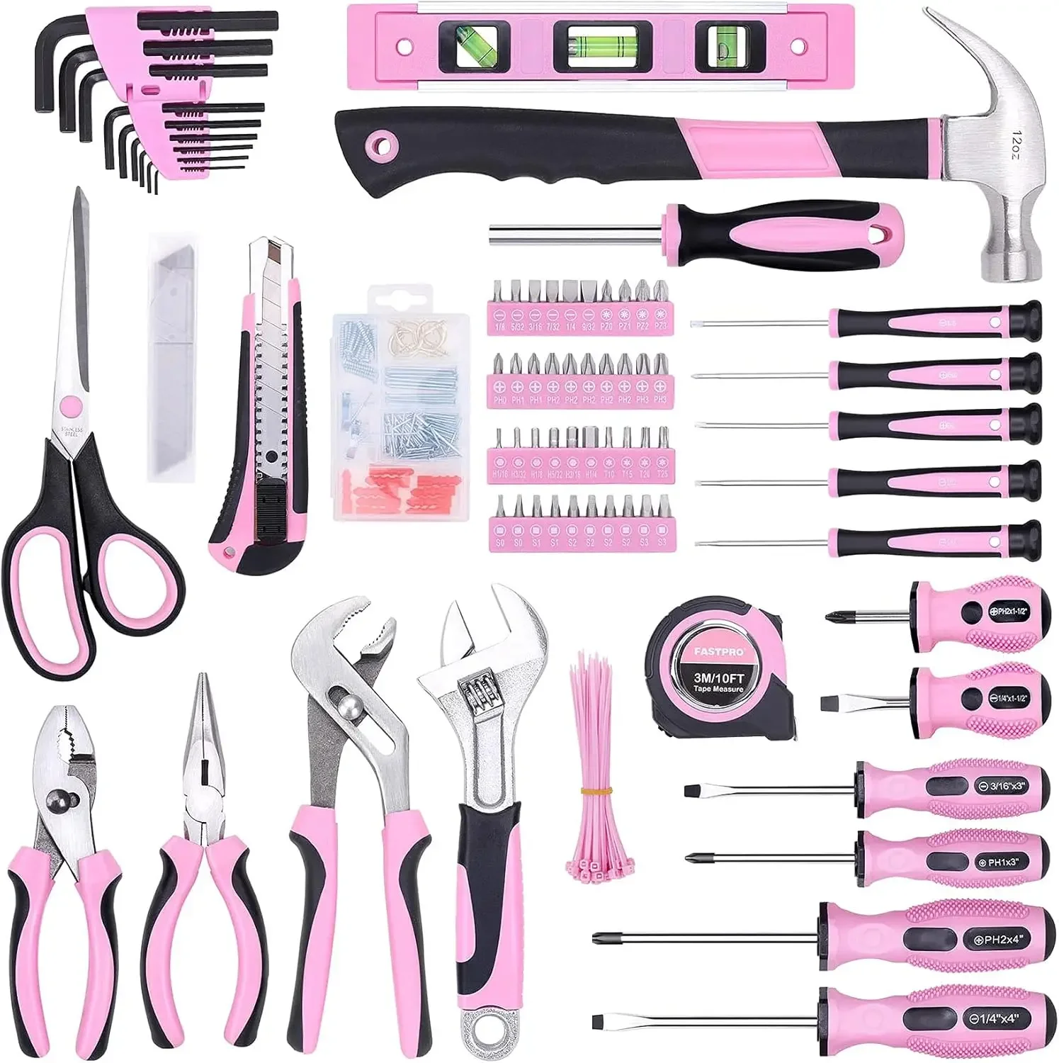 Pink Tool Set, 220-Piece Lady's Home Repairing Tool Kit with 12-Inch Wide Mouth Open Storage Tool Bag