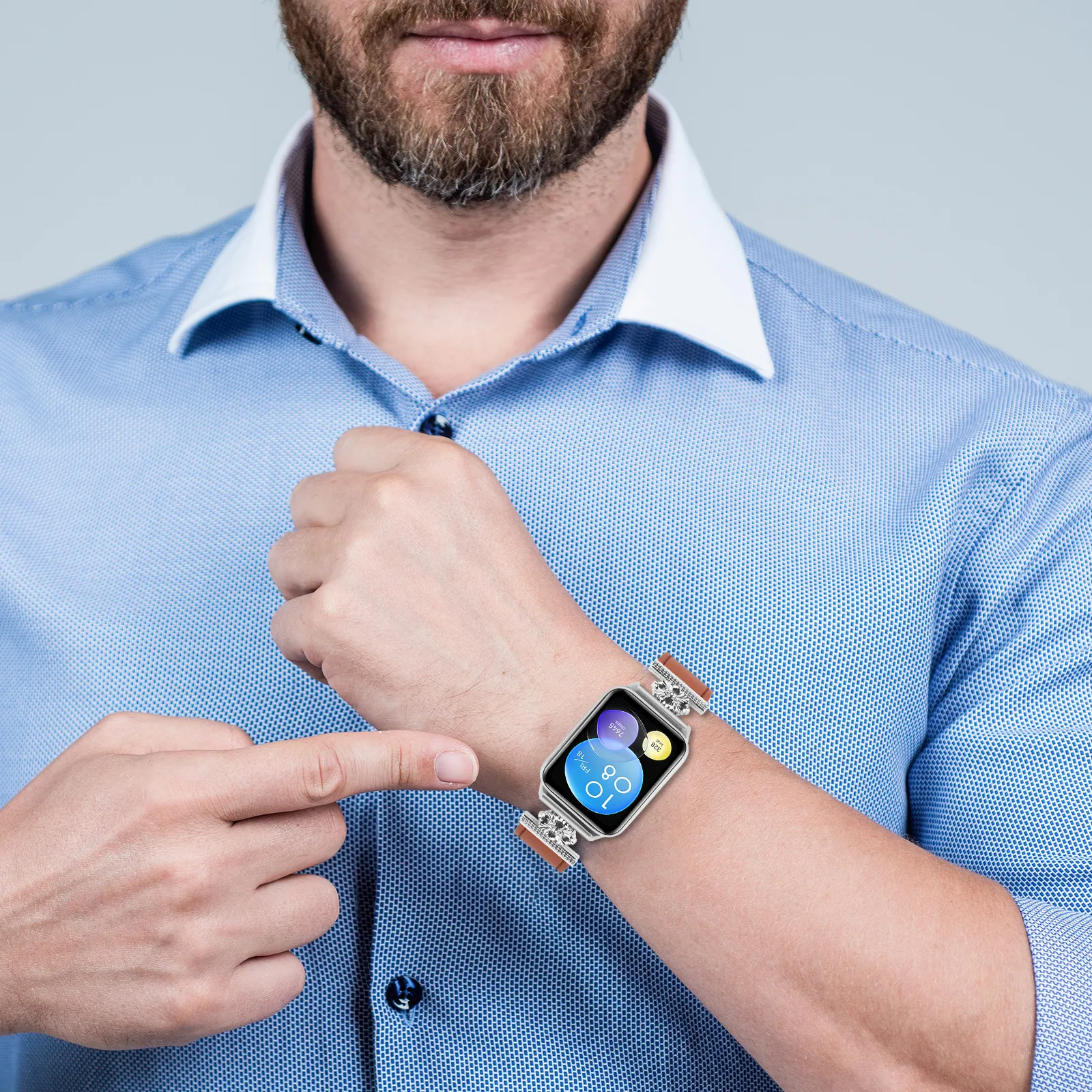 For Xiaomi Smart Band 8 Pro Watch Band Genuine Cow Leather Flower Decor Adjustable Strap - Brown