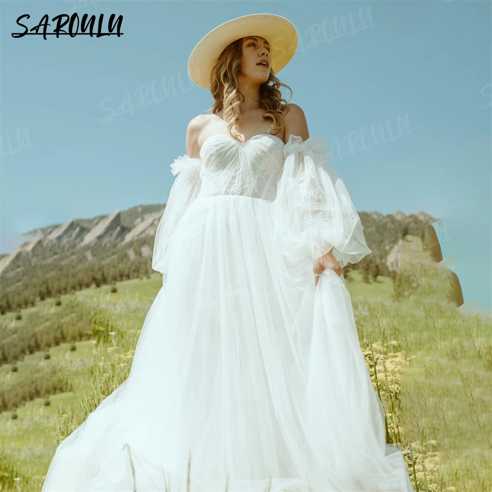 

SAROULU Princess Puff Sleeves A Line Wedding Dresses Strapless Sweetheart Lace Backless Bride Gown Vestido De Novia