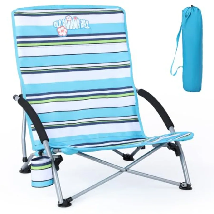 

Ergonomic Low Beach Chair for Back Support Heavy Duty 350lbs Folding Sand Chair Cup Holder and Carry Bag Lightweight Portable S