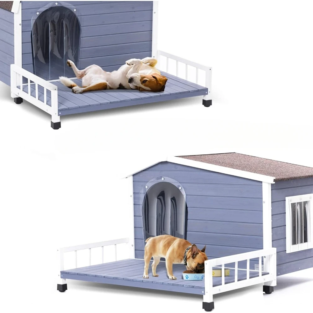 

Dog House Outdoor with Terrace&Openable Asphalt Roof, 40" L X 47" W X 28.5" H,Outside Dog House with Elevated Floor,Dog House