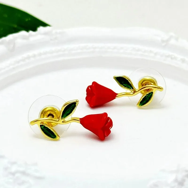 

French Style New Enamel Zircon Mini Enamel Red Rose Earrings Exquisite, Simple Temperament Unique Niche Gothic Design Earrings