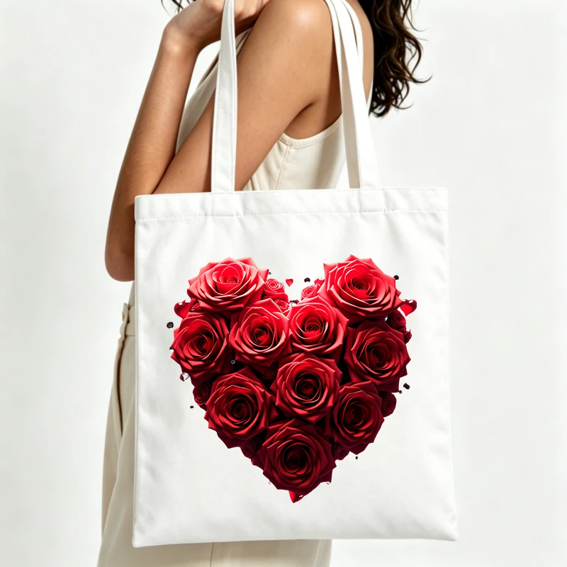 heart-shaped rose print canvas tote bag casual style for daily shopping and summer outings