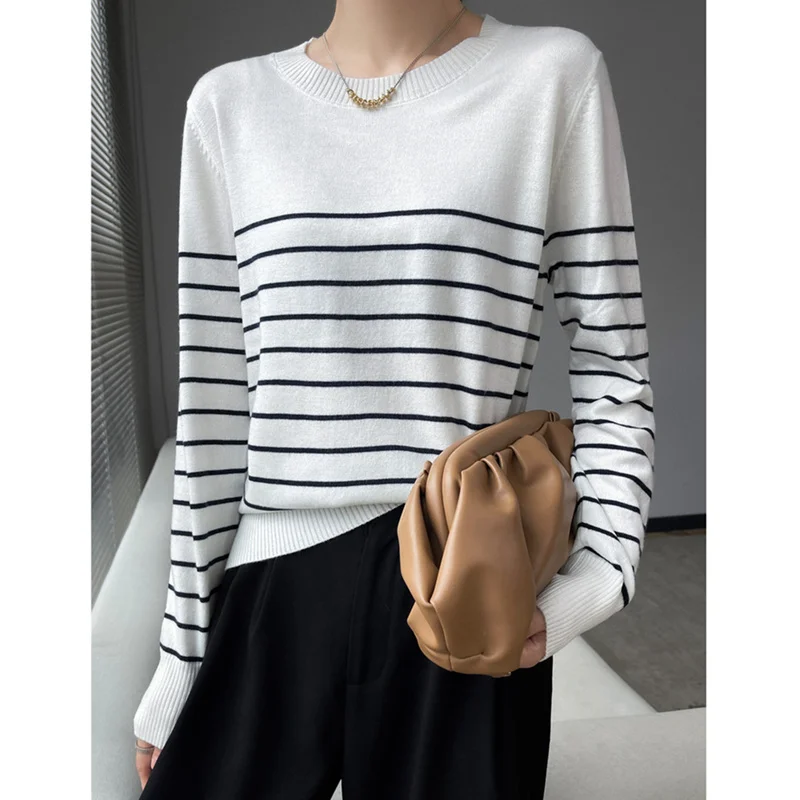 Vintage style striped round neck cashmere sweater women\'s fall/winter loose pullover with base sweater