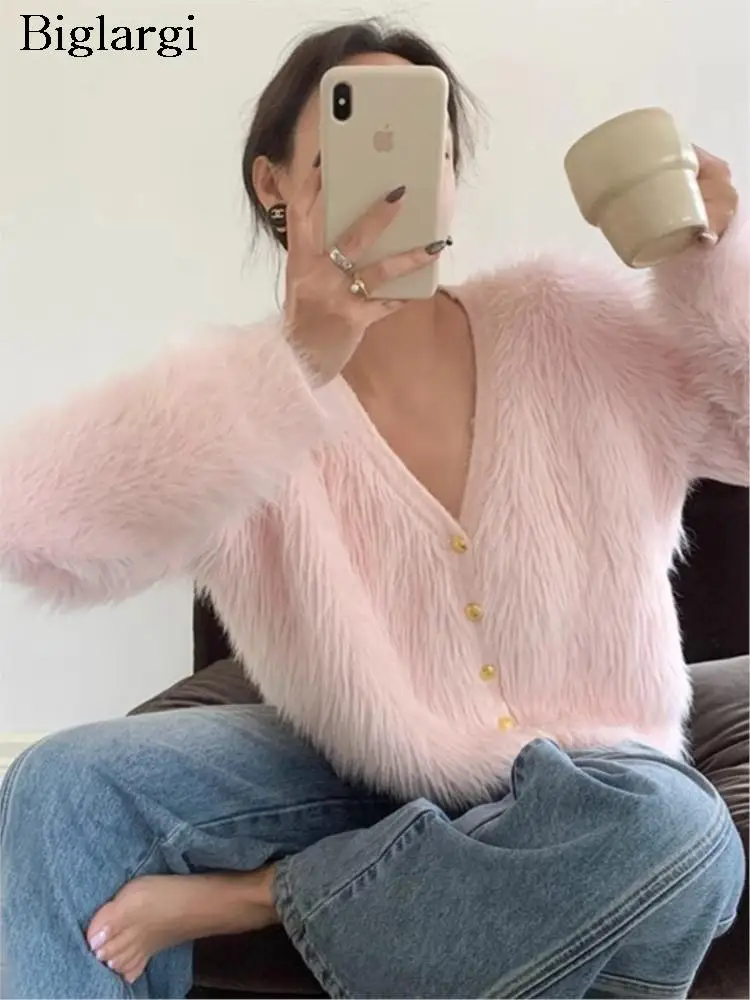 Autumn Winter Furry Cardigan Coat Sweater Women 2023 Fashion Pink Kintted Coats Cropped Top Korean Womens Cardigans Woman Coat