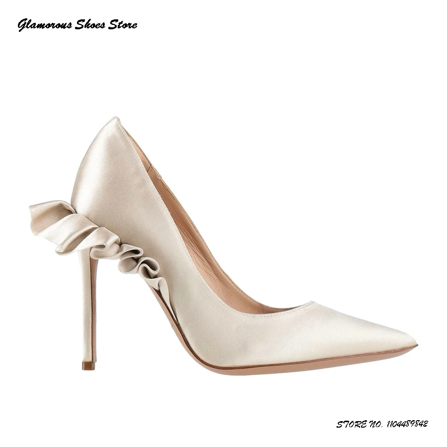 

Elegant Rouches Trimmed Satin Pumps Women's Pointed Toe Thin Heels Party Dress Shoes Spring Summer Pull On Shallow Stilettos