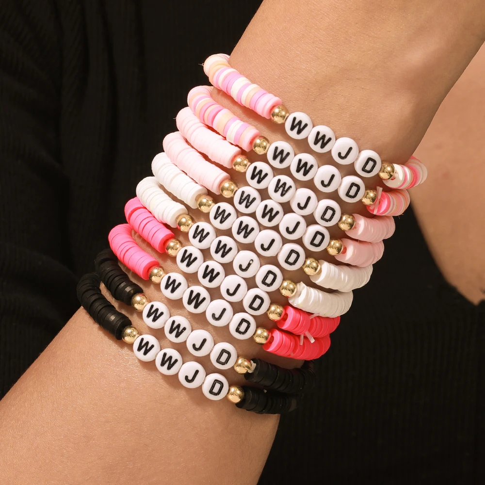 

Selling Vintage Bohemian Beach Style Fashion Color Polymer Clay Block Letter Wwjd Beaded Bracelet 10-Piece Set for Women Jewelry