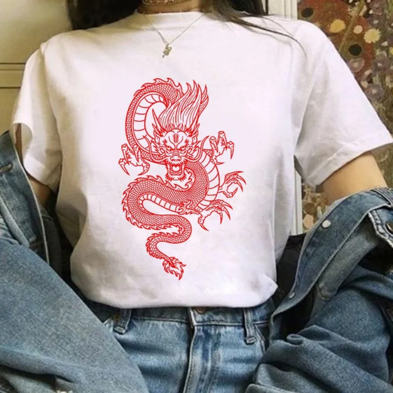 

Retro Chinese Dragon American Harajuku Printing Super Hot Thin Section Thin Top Slim T-shirt Women Casual Plus Size Cotton Tops