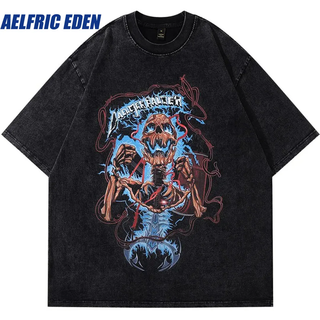 

Aelfric Eden Vintage Punk T-Shirt Hip Hop Skull Skeleton Lightning Graphic Print Washed Tshirt Harajuku Gothic Oversized Top Tee