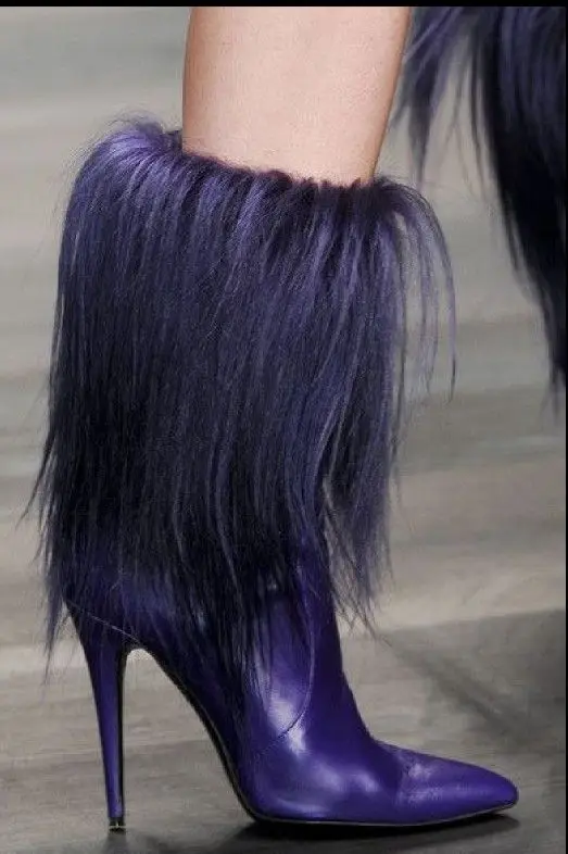 

Pointed Toe Fashion Purple Fur Sexy Mid-calf Boots Luxury Women Stiletto High Heel Zip Leather Boots Dress Lady Shoes Fall 2024