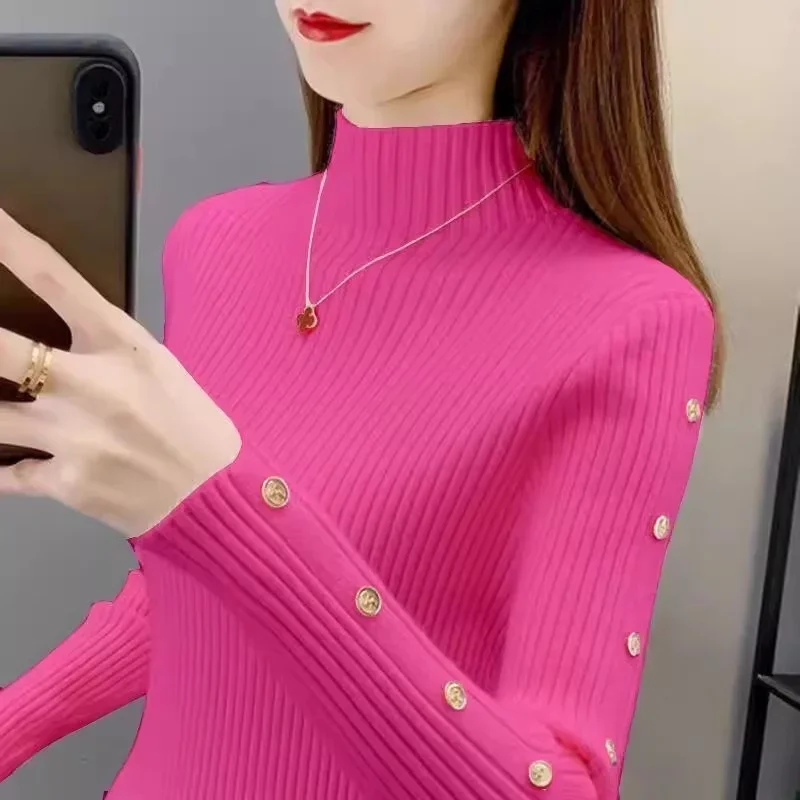Pop Popเสื้อกันหนาวสีทึบสําหรับผู้หญิงฤดูใบไม้ร่วงและฤดูหนาว2024ใหม่Slim Fitแขนยาวถักเสื้อกันหนาวสําหรับหญิงอเนกประสงค์T-
