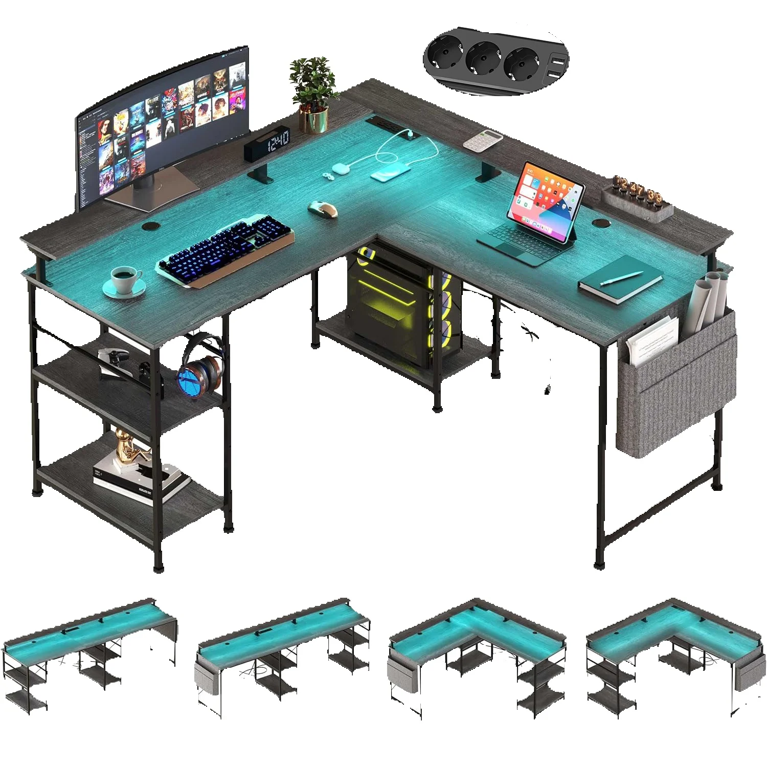 L-vormig bureau Computertafel met planfaansluiting USB LED RGB Gaming-kantoortafel Grijs/zwart - afbeelding 2
