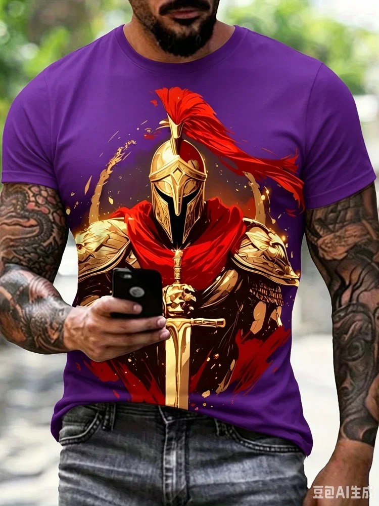 Vintage Men Golden Spartan Warrior Knight Graphic Tee Medieval Gladiator Armor Print Dark Streetwear Casual Short Sleeve Tops