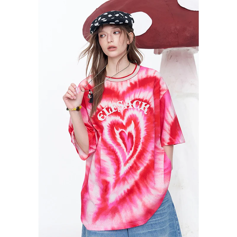 ELFSACK Tie-Dye Heart Print Oversized T-Shirt, Y2K Streetwear Pink & Red Loose Casual Tee