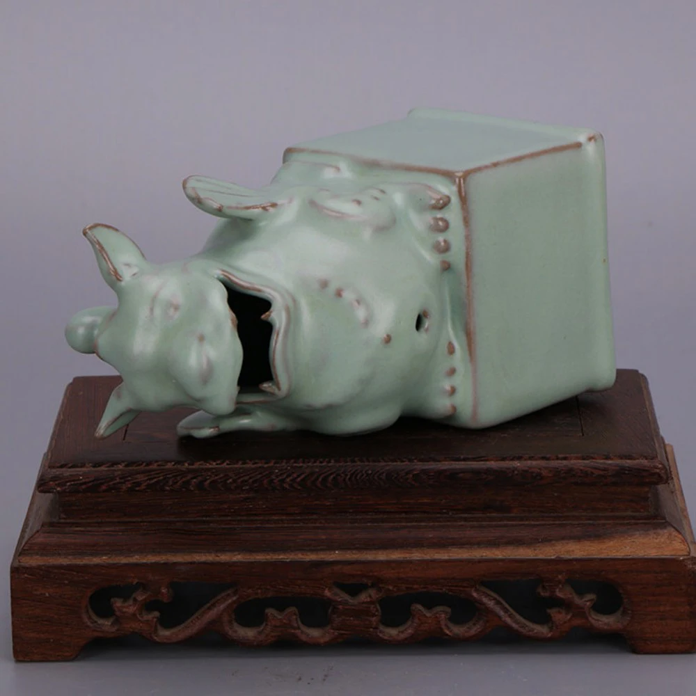 Song Dynasty Ru Ware Celadon Qilin Mythical Beast Seal Stamp Replica Porcelain Desk Decor Collectible