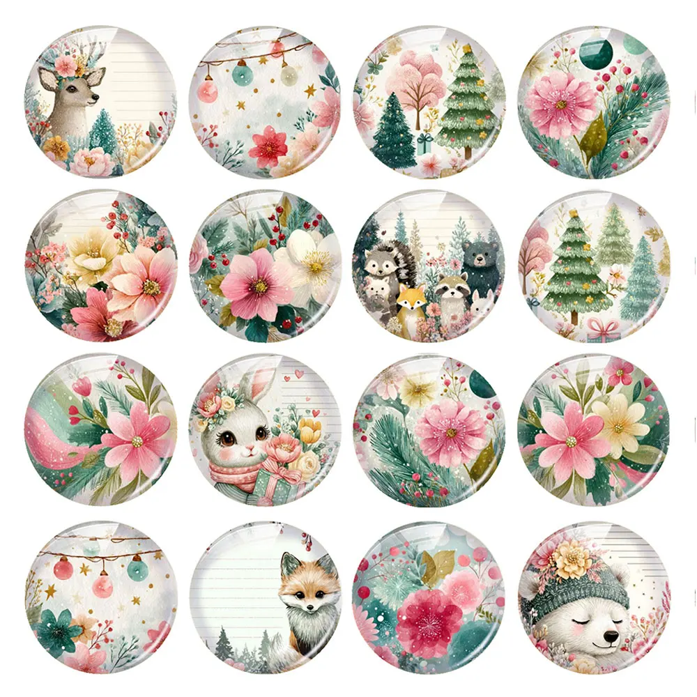 Random Mixed Round/Oval/Square Christmas Tree Warm Winter Deer Photo Glass Cabochon Flatback Demo Cameo For Diy Jewelry Making