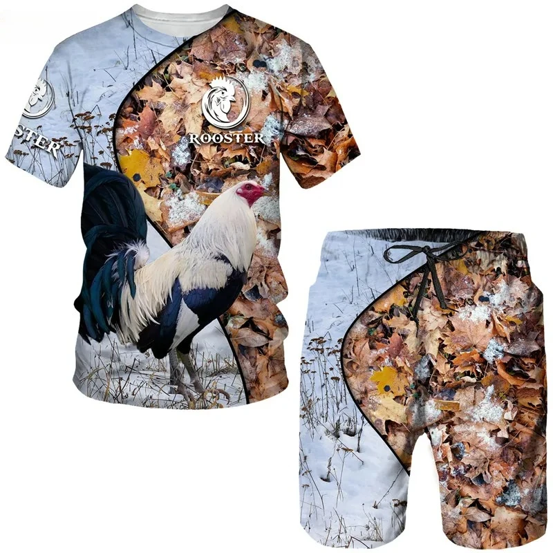 2025 Men's 3D Printed Chicken Rooster Animal Summer Men's Leisure Sports Set Fun Hunting Chicken Camo T-shirt Shorts Set