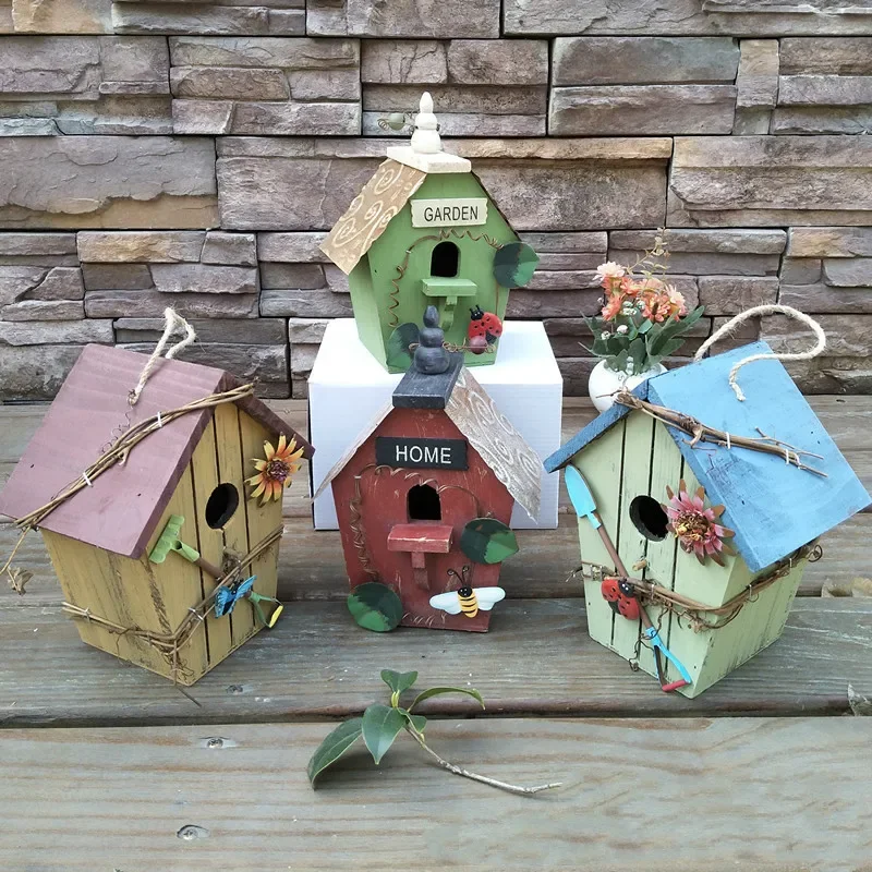 Country Wooden Bird House Cabin  Nest Outdoor Pendant Decoration Pastoral Style Crafts  Cage