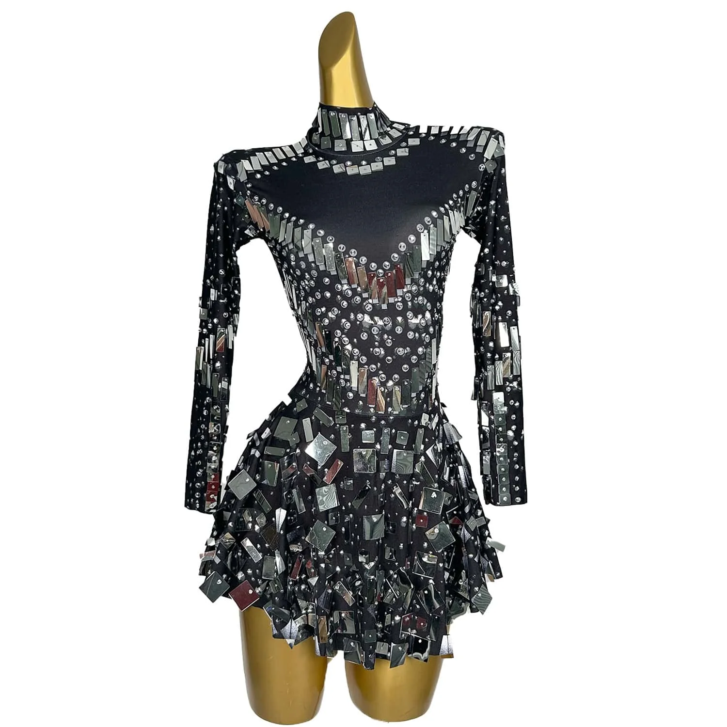 

Black Sequins Mini Short Dress Women Dancer Team Performance Stage Wear Birthday Evening Party Dance Costume Liangpianqun