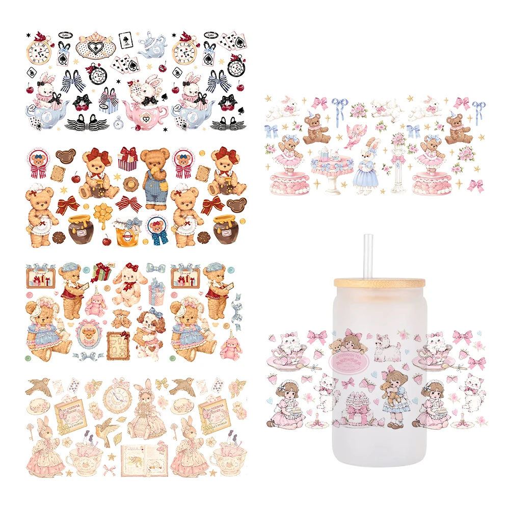 Lolita Niedlicher Hase Teddybär DIY für Libbey 16oz Dose Glas 3D Wasserdicht UV DTF Kaffee Dose Wrap Libbey Glas Wrap