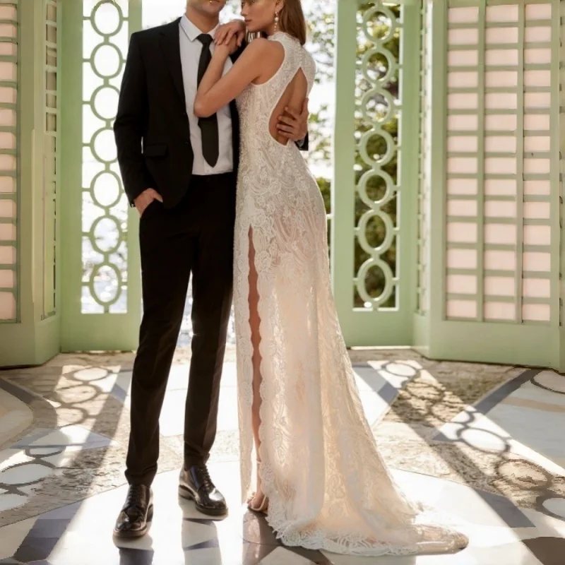 All Over Floral Lace High Neck Mermaid Wedding Dress Deep Slit Skirt Oval Open Back Bridal Gown Beach Wedding Customizable