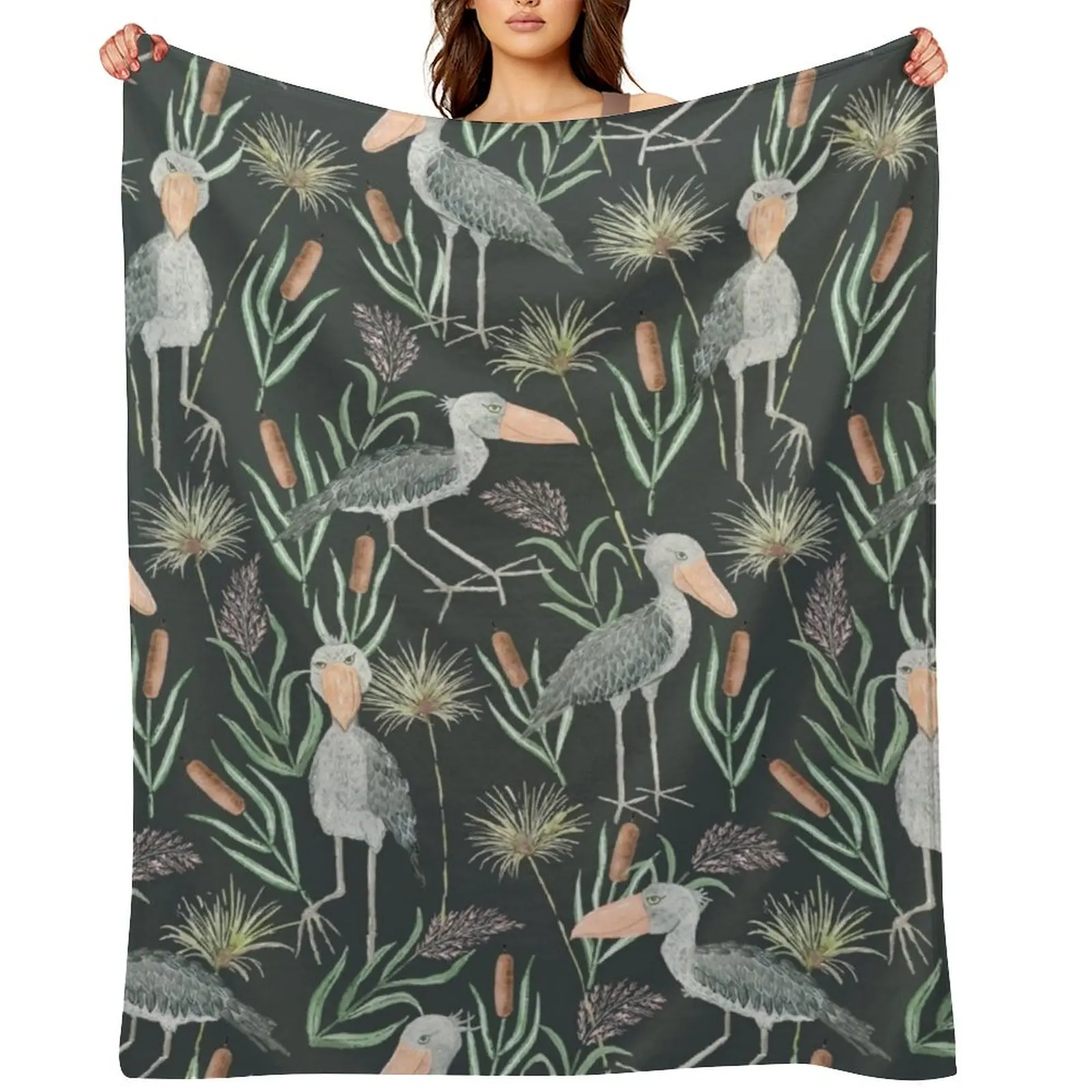 

The Magnificent Shoebill | Watercolor Pattern Throw Blanket Vintage Summer Beddings Furry Hairys Blankets