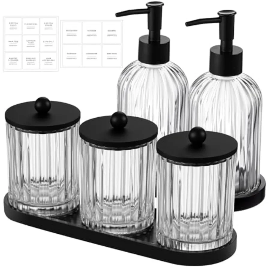 

5 Pack Bathroom Accessories Set Modern Bathroom Decor with Glass Liquid Soap Dispenser Vanity Tray Toothbrush Holder Cotton Swa