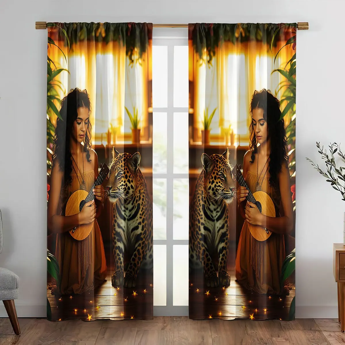 Exotic Woman with Leopard and Guitar Curtains, Tropical Jungle Print Blackout Drapes for Living Room, Boho Home Decor