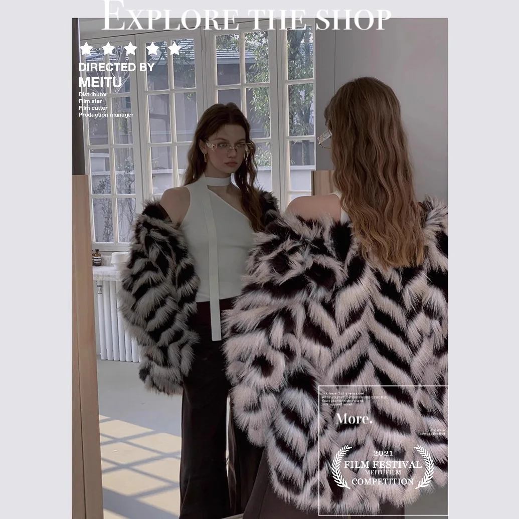 مزاجه النساء الشتاء سترة الفراء الاصطناعي اللون منعت أفخم الإناث تقليد معطف الفرو الشارع أنيق سيدة ايكو معطف الفرو #3