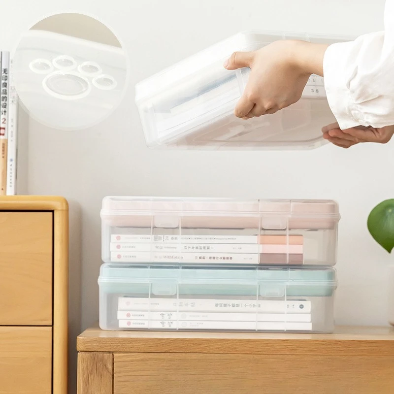 Cute Little Bear Stationery Storage Box, Student Desktop Miscellaneous Compartment Double-layer Transparent Plastic Storage Box