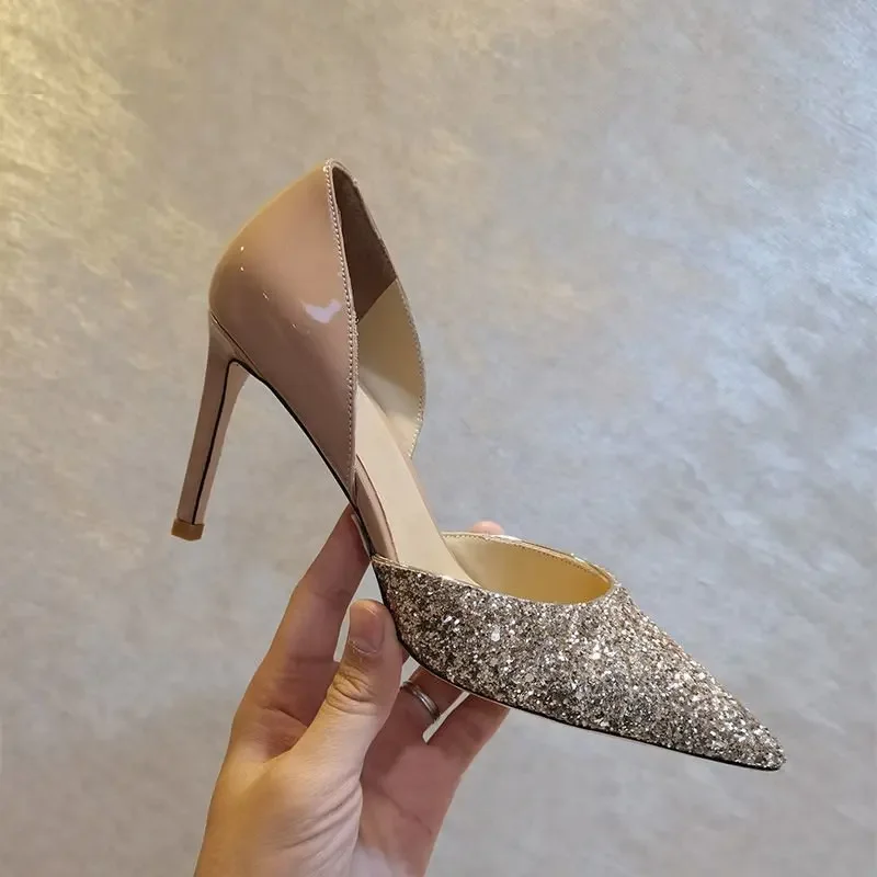 2024 New Hollow Sequin Color Blocked High Heels Pointed Bridesmaids Work Wedding Shoes for Women