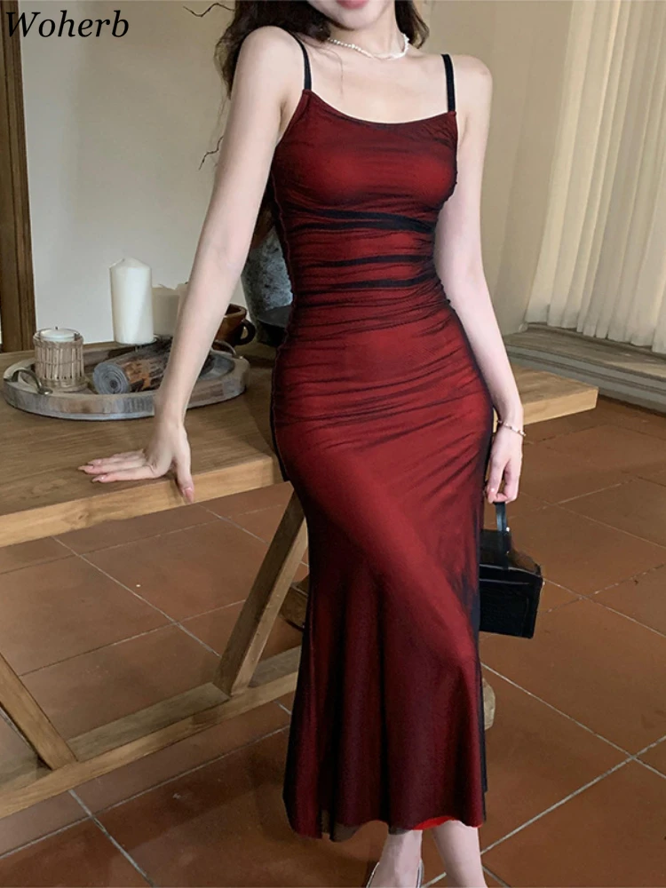 

2025 Vestidos De Mujer Dress Women Contrast Color Vintage Gauze Sling Robe Femme Sleeveless Fashion Pleated Summer Sexy Dresses
