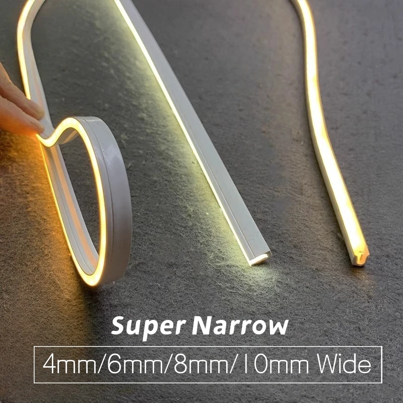 4/6/8/10mm Narrow LED Neon Silicone Tube Rope Lamp Recessed DC12V Flexible Waterproof Diffuser Cabinet Closet Ribbon Strip Light