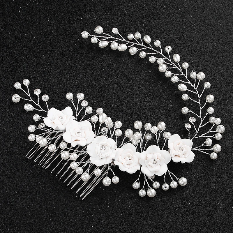 Newest White Pottery Flower Pearls Hair Combs Handmade Austrian Crystal Wedding Hair Jewelry Accessories Bride Hairpieces