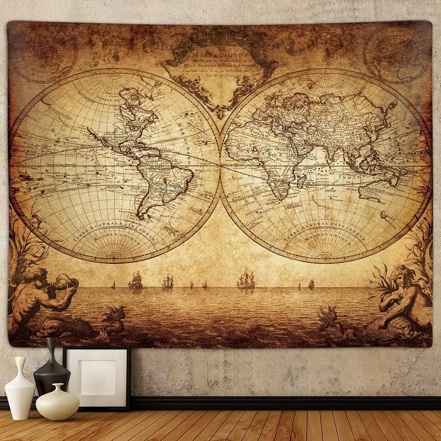 Tapiz de Mapa del Mundo Antiguo para Dormitorio, Tapices de Pared con Mapas Náuticos Vintage del Mundo, Manta con Mapa del Tesoro Pirata Marrón