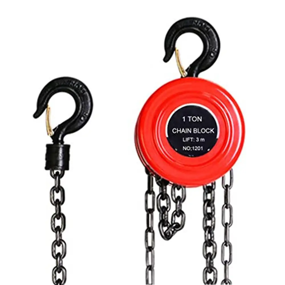 1 Ton/2000 lbs Capacity Manual Chain Hoist 10’ Lift Steel Block Hoist 1T-Red Safety Brake Stable Rotation Heavy Duty Hooks