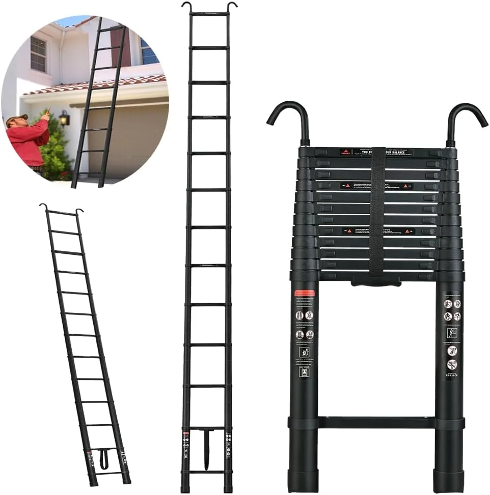 Escalera Telescópica de Aluminio de 5 Metros, Escalera Extensible Multiusos con Pies Antideslizantes y 2 Ganchos, Carga Máxima 150 kg/330 lb