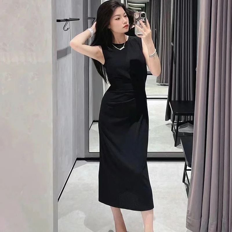 

Новинка Весна-Лето: Женское длинное платье с круглым вырезом, приталенное, с разрезом, H-образного силуэта, миди, повседневное, элегантное.