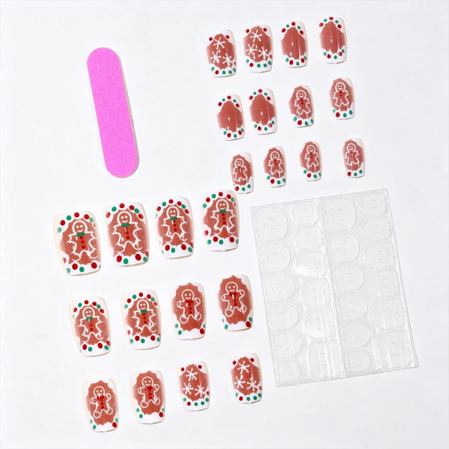 24-Piece Christmas Gingerbread Man Press-On Nails, Snowflake Polka Dot French Style Fake Nails, Includes Jelly Glue Nail File, Holiday Removable Nail Art Set
