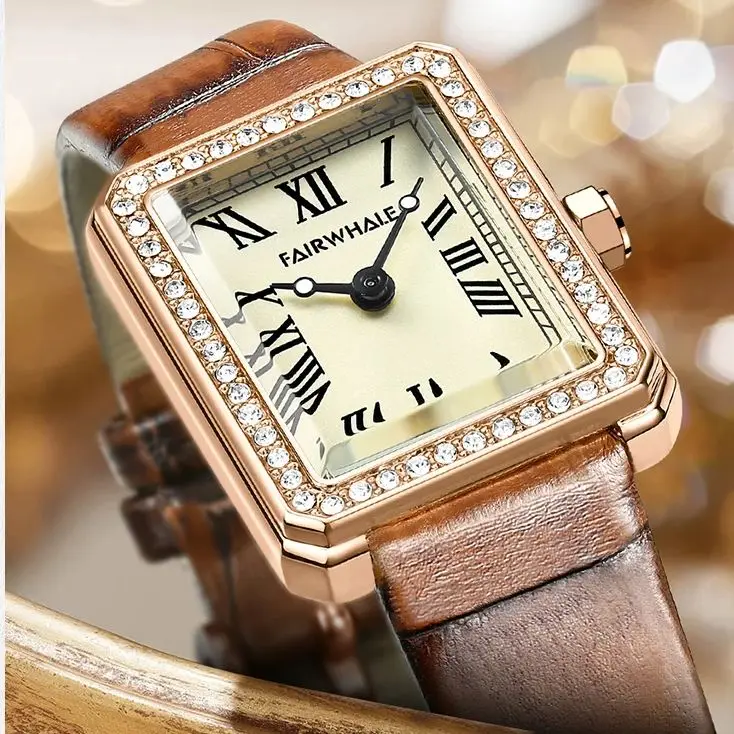 Fairwhale Trend Roman Diamond Rectangle Women's Watch with Brown Leather Strap - Waterproof Fashion 2025 Mark
