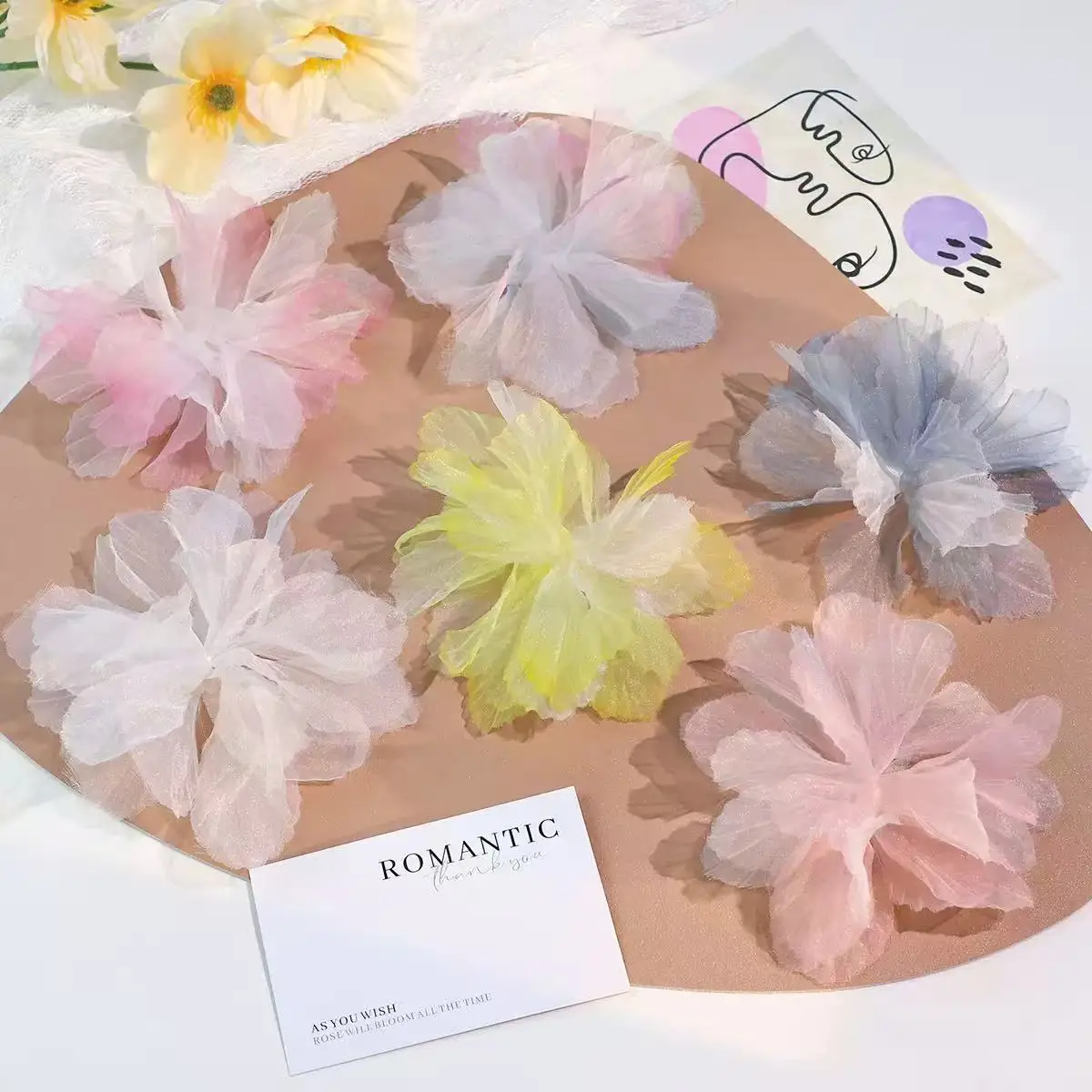 5PCS Handmade Large 3D Organza Flower Applique DIY Fabric Flower Patch Wedding Bridal Dress Hanfu Hair Accessories for Bag Shoes