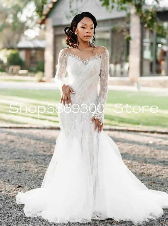 Afrikanische Meerjungfrau Strand Brautkleider Schulterfrei Langarm Geraffte Perlen Spitze Boho Garten Brautkleid Maßgeschneidert