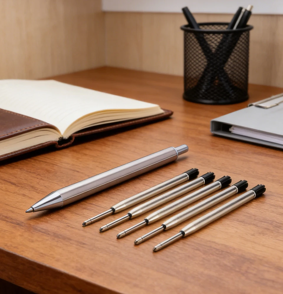 Metall-Kugelschreiber aus Edelstahl mit 6 Nachfüllungen, 0,7mm Schwarze/Blaue Tinte, Tragbarer Schreibstift für Reisen & Arbeit – Detail 3