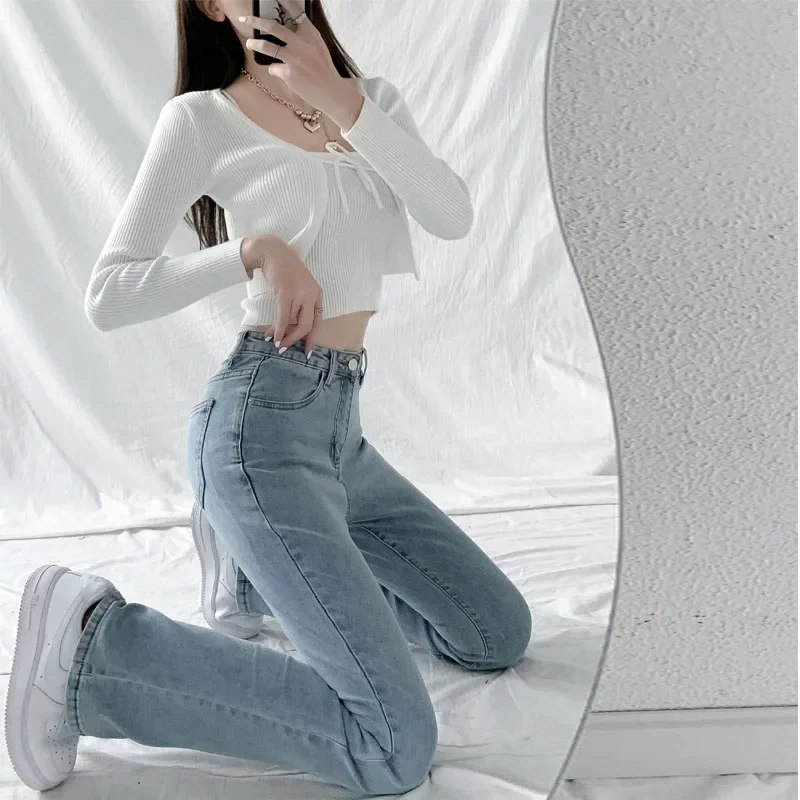 

Jeans Women Solid Blue Sexy Slimhigh Waist Jean Simple Ladies Full Length Mom Cowboy Denim Flared Pants Mujer 2022 Spring New