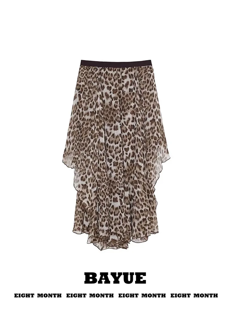 Reversible High Waist Mesh Skirt Women Early Autumn Spicy Retro Asymmetric Hem Draping Long Skirt Leopard Print Half-length