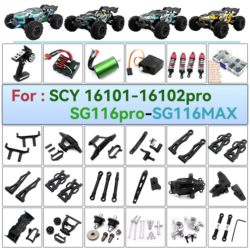 Peças Automotivas para Carro RC SCY 16101 pro 16102 pro: Eixo de Direção, Rolamento, Haste de Tração, Braço Oscilante, Motor, Parafuso de Pneu