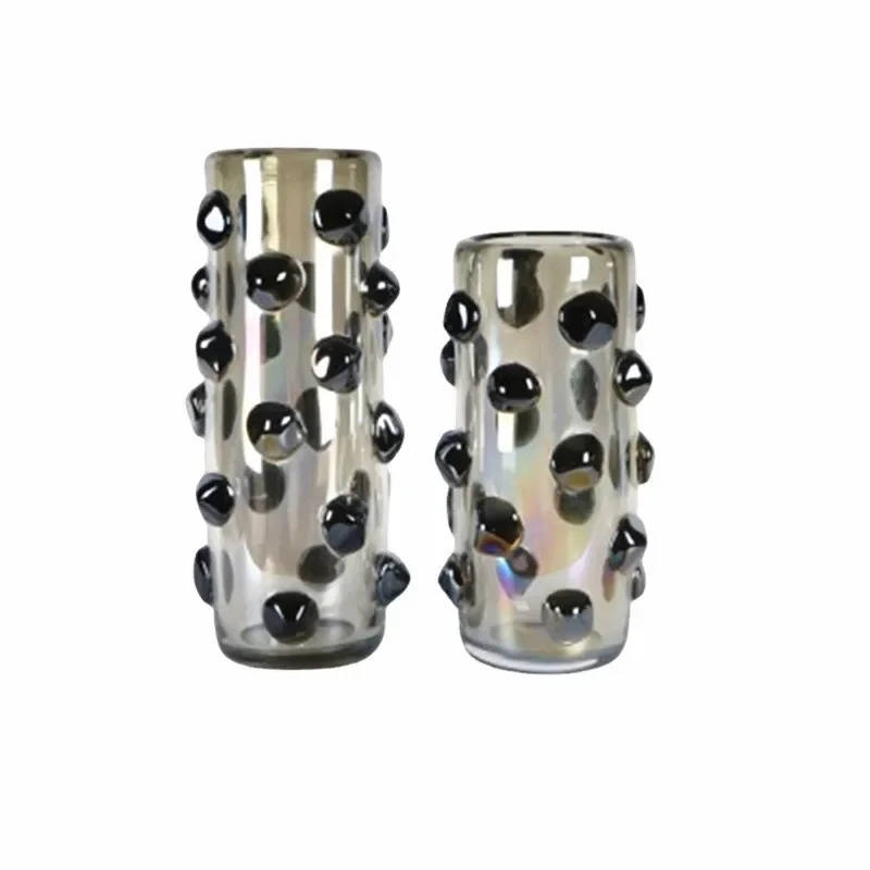 Modern Minimalist Glass Vase with Blue Black Dot Pattern for Home Office Soft Decoration Elegant Flower Arrangement