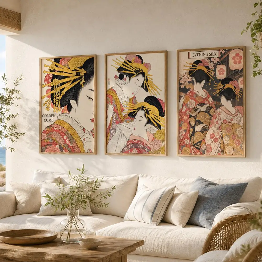 Ukiyo Women Painting Calligraphy 3 PCS Vintage Fashion Canvas Wall Art Prints for Living Room Decor