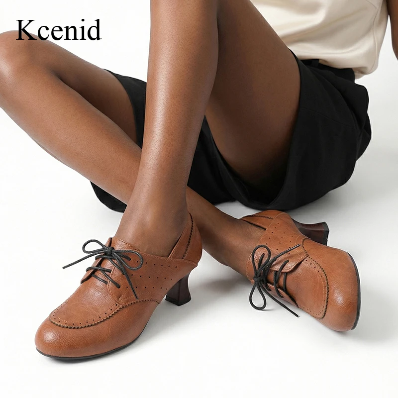 

Kcenid Casual Daily Lace Up Pumps Women Shoes Elegant Retro Female Round Toe Spike Heels Concise Oxfords Large Size 34-50